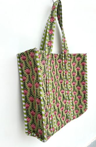 Image of Quilted Cotton Handprinted Reversible Large multicolor Floral Tote Bag,Hand Block Print Shopping Shoulder Carry Bag