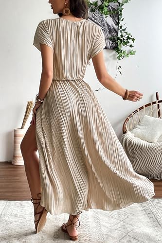 Image of CCTOO Womens Summer Maxi Dresses: Casual Short Sleeve Crewneck Slit Sundress Ruffle Pleated Long Flowy Party Cocktail Dress