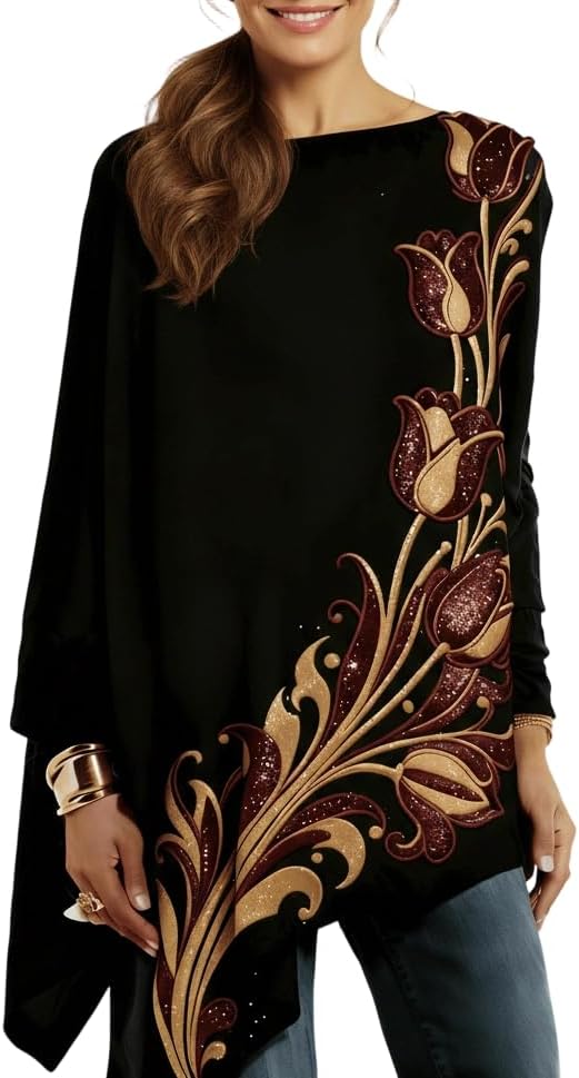 Women's Embellished Floral Printed Oversized Tunic Top Long Sleeve Boat Neck Asymmetric Shirt, Elegant Casual Outfit