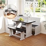 Breakfast Nook Kitchen Corner Dining Table Bench Chair Set, with Charging Ports, Hidden Storage Space-Saving 3-5 Seat L-Shape for Farmhouse Family Home White Black Wood