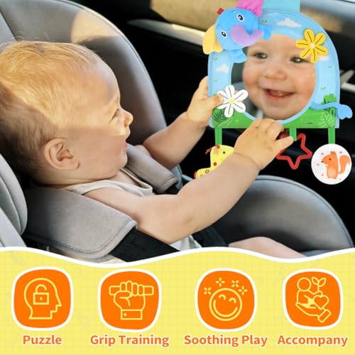 Image of Caterbee Baby Car Seat Mirror Toy, Hanging Activity Toy with Rear Facing Mirror for Infant, Stroller & Crib Toy for Tummy Time, Sensory Elephant Toy for 0+ Months (Elephant)