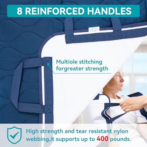 Image of Multipurpose Positioning Bed Pad 31 x 47 inch with Reinforced 10 Handles -Washable, Waterproof, Reusable Pad for Elderly, Bedridden, Transfer, Repositioning, Incontinence & Mattress Protection, Navy Blue