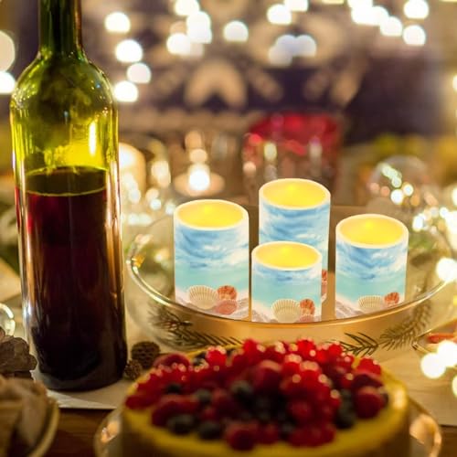 Image of Flameless Candles with Remote Control, Set of 4, Color Changing Flickering Flameless LED Pillar Candles with Battery Operated, Beach Seashell Blue Decor