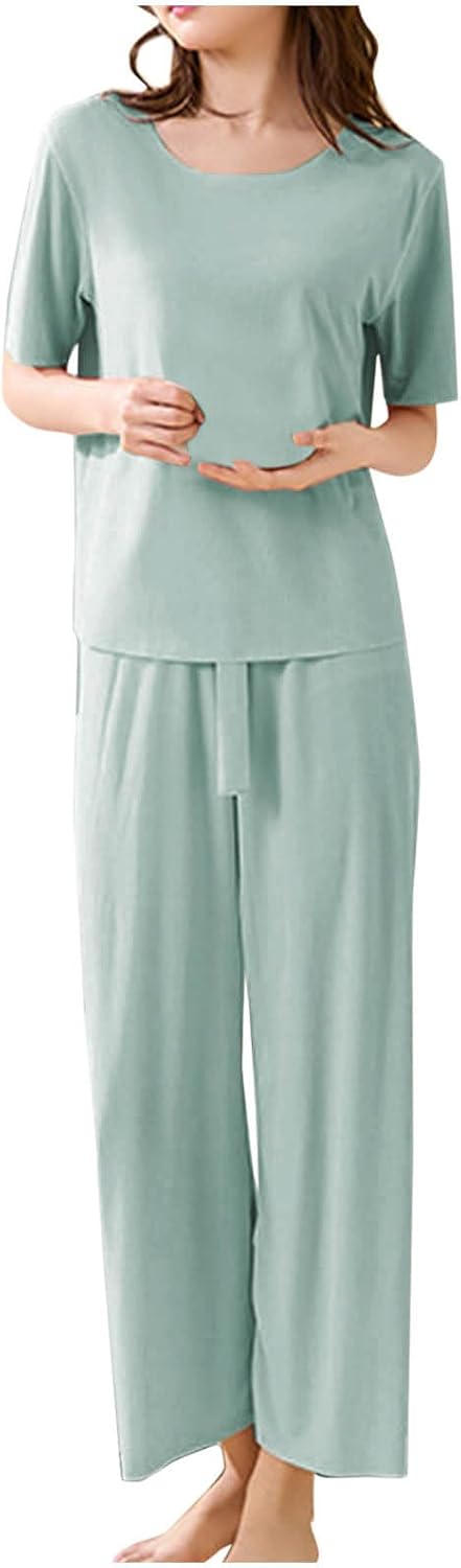 Womens 2 Piece Outfits Summer Casual Loose Short Sleeve Pullover Tops & Wide Leg Pants Lounge Sets Tracksuit Pjs