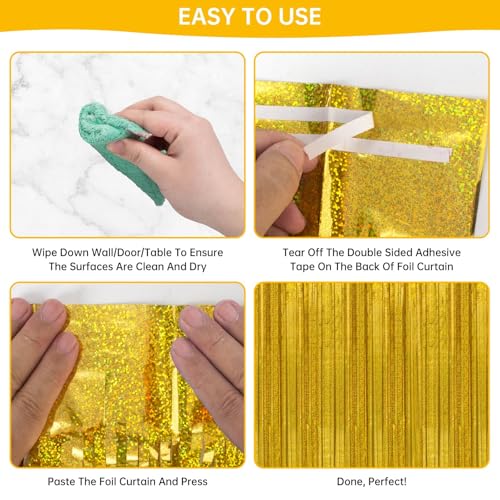 Image of 2 Pack 3.3 x 8.2 ft Tinsel Foil Fringe Curtain Backdrop, Upgraded Gold Glitter Metallic Streamers Backdrop Curtains for Birthday Decorations Bachelorette Prom Graduation Party Decorations