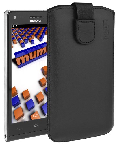 mumbi Bolso de Cuero Real Compatible con Huawei Ascend P7 Mini, (Pestaña con función de retracción, Auxiliar de extracción), Negro