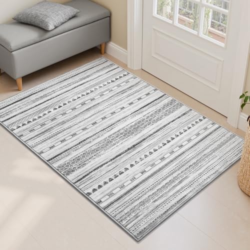 Small Area Rug-2x3 Entryway Rug Non Slip Washable Low Pile Indoor Door Mat Neutral Distressed Boho Moroccan Entrance Rugs Carpet for Bedroom Kitchen Powder Room Front Porch Bathroom, Black