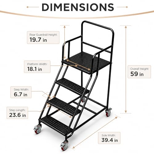 Image of 4 Step Rolling Ladder with Handrails, 880 lbs Capacity Heavy Duty Steel Mobile Warehouse Ladder with Locking Wheels, Non-Slip Rolling Stairs with Large Platform for Garage, Stockroom, Library