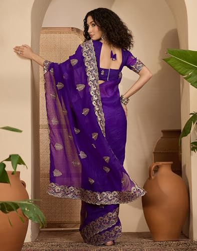 Image of SIRIL Women's Shimmer Chiffon Sequence Embroidery Saree With Unstitched Blouse Piece for Wedding and Parties