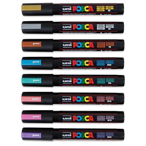 Image of posca Markers Set, 8 Medium Paint Markers 5M, Metallic Tones - Gold, Silver, Bronze, Blue, Green, Red, Pink, Violet