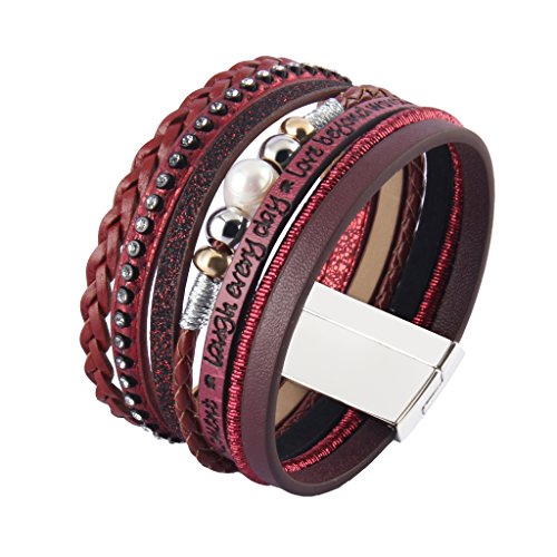 Coolla Braided Wrap Bracelet Pearl Beads Leather Cuff Bangle Women Bracelet (Red) #TOP3