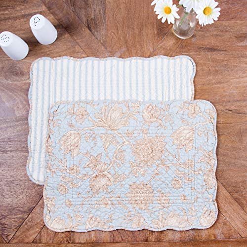 Image of Penelope Blue Cream White Floral 100% Cotton Set of 6 Placemats 13 inch x 19 inch