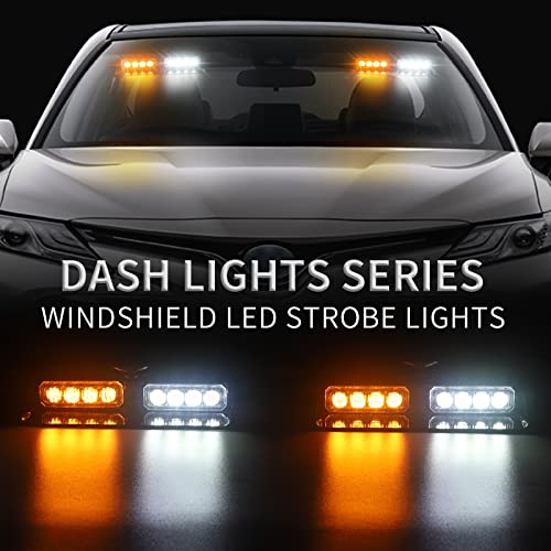 XRIDONSEN 2 in 1 Emergency Dash Strobe Lights Interior Windshield Lights Deck Split Amber White Warning Safety Flashing Lights w/Suction Cups for Construction Vehicles, Trucks (2×7.16 inch, 16 LED)