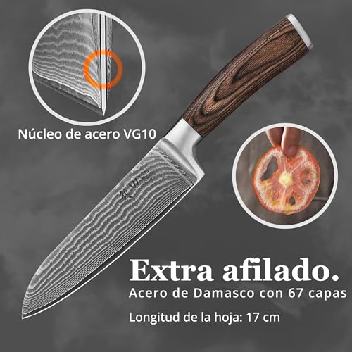 Miniatura 3 de Wakoli Edib Cuchillo Damasco Santoku Hoja De 17 Cm Extremadamente Afilada De 67 Capas I Cuchillo De Cocina Damasco Y Cuchillo De Chef Profesional De Auténtico Acero Damasco Con Mango De Madera De Pakka