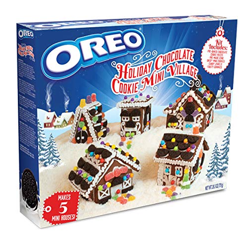 Oreo Cookies Mini Village Gingerbread Cookie Kit Pre-baked + Free Shining Star Fruit Snacks Candy Pack | Pre-Baked Chocolate Cookies Pre-Made Icing Candy Jewels Fruit Gummies