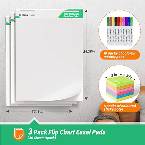 Large Easel Pad, Cregear Sticky Flip Chart Paper 25 X 30 Inches Easel Papers For Teachers, 30 Sheets/Pad, 3 Pack Easel Paper Pad For White Board With 10 Colorful Markers 6 Sticky Note Pads #TOP2