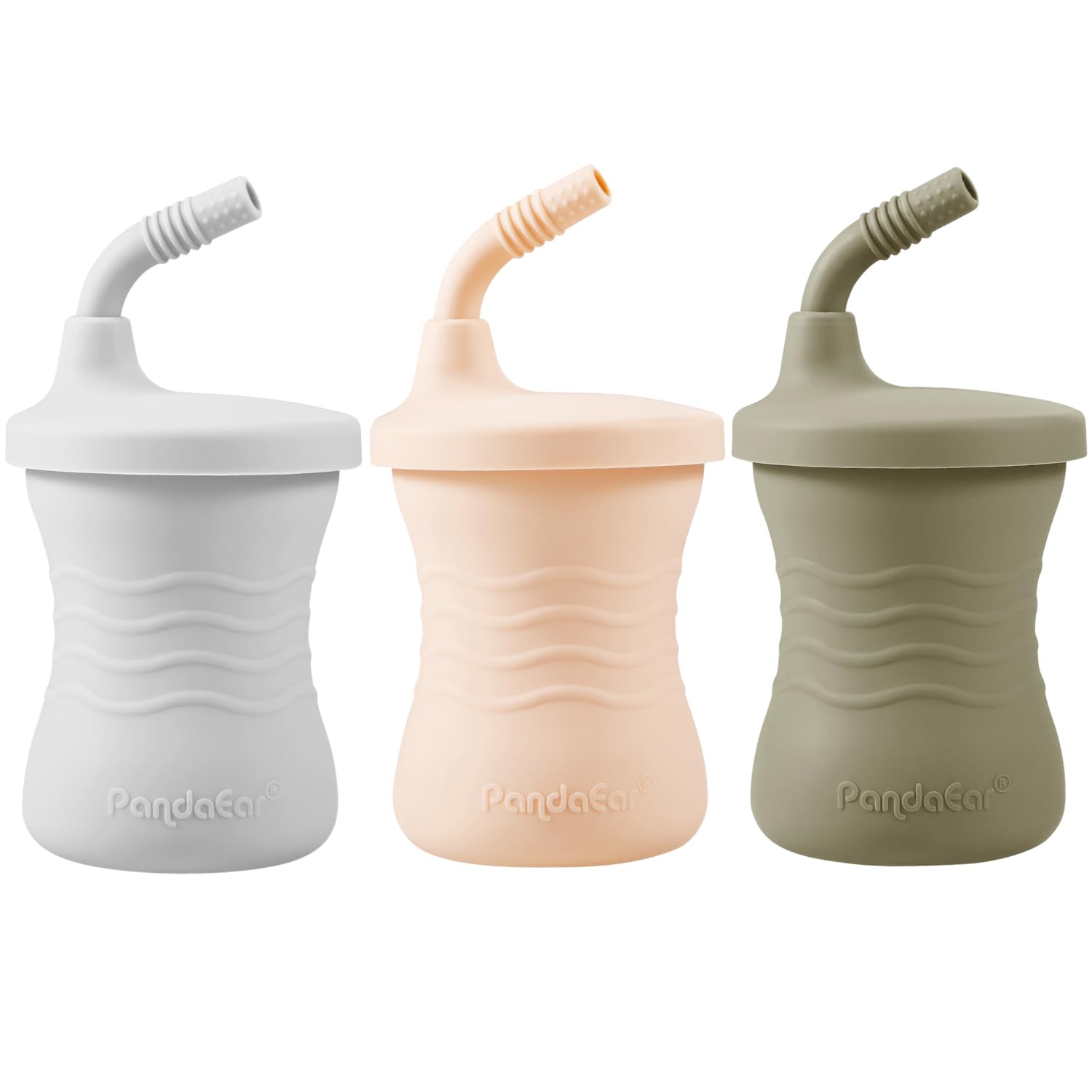 PandaEar Silicone Training Cup, 3 Pack Baby Drinking Sippy Cups with Straw for Baby and Toddler 6 Months+ (Brown/Pink/Gray)