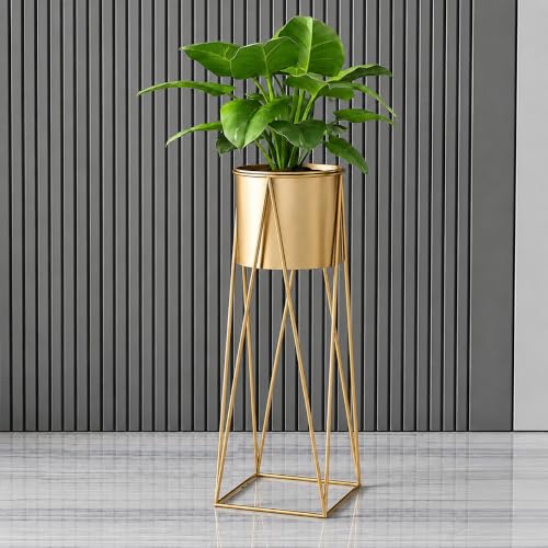 Image of LIBAN Modern, Stylish Metal Planter with Stand for Indoor & Outdoor Plants | Tall Plant Pot for Living Room, Balcony, Garden | Decorative Floor Flower Pot (Set of 1) (Gold)