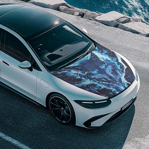 Image of Cool Wolf Car Hood Cover Elastic Car Hoods Protector Lightning Design Auto Hood Flag Waterproof Automotive Accessories for SUV Sedans Trucks Pickup