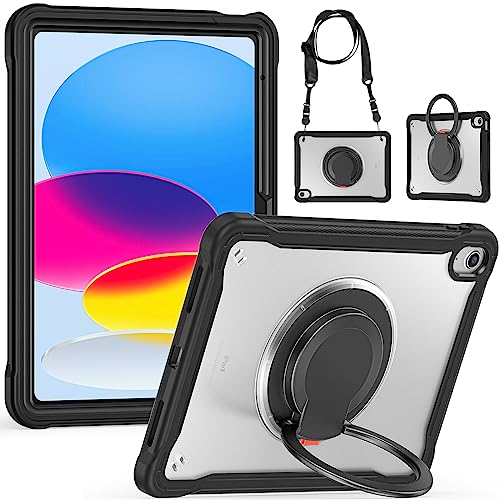 SENLAN iPad 10第10世代 2022/iPad A16 第11世代 2025 用ケース 縦置き 横置き 肩掛け 360°回転持ち手 ペン収納 ショルダーストラップ付き ハードPC +シリコン リングスタンド 耐衝撃 半透明 背面カバー つや消し, 黒（Amazon）