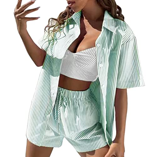 QJDFLL - QJDFLL Damen Urlaub Mode Freizeit Einfarbig Sommer Shorts Gestreifte Blusen Zweiteilige Sets Einreiher Hemd Sexy Schlanke Anzüge(Grün,L)