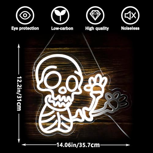 Image of Waving Skeleton Neon Sign for Wall Decor Dimmable Flashing Halloween Neon Signs Halloween Neon Lights Ghost Skull Led Wall Decor