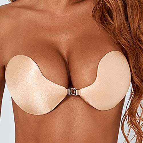 Auklamu Adhesive Bra Strapless Sticky Invisible Push Up Silicone Bras For Backless Dress Seamless Wirefree Nipple Cover Nude #TOP1