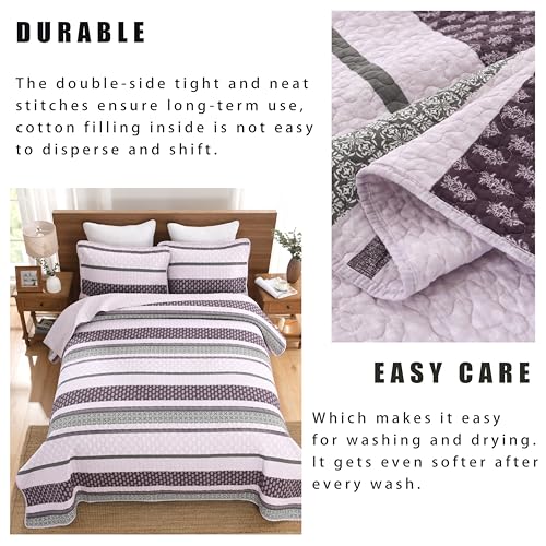 Image of Homzard King Size Comforter Set, Cotton Quilt, Purple and Grey Bedding Set, Lightweight Striped Bedspread, Reversible Coverlet King Size (106 inchX98 inch) with 2 Pillow Shams All Season