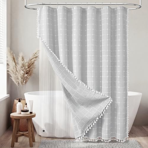 Image of BTTN 3 in 1 Shower Curtain with PEVA Liner, Grey Boho Linen Fabric Shower Curtain Set with Plastic Hook, Farmhouse Bohemian French Country Waterproof Cloth Shower Curtain for Bathroom, Gray, 72x72