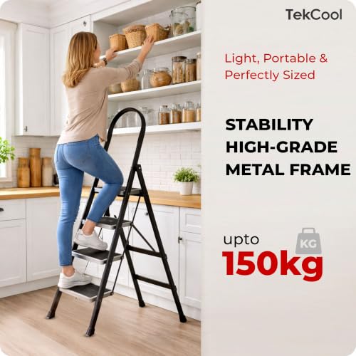 Image of TEKCOOL Foldable Ladder for Home 4 Steps with Built-in Tool Tray | Heavy Duty D Shape rods | 20 x 30 cm Large Platform | Wide Rubber feet | Secure Lock | 150kg Capacity