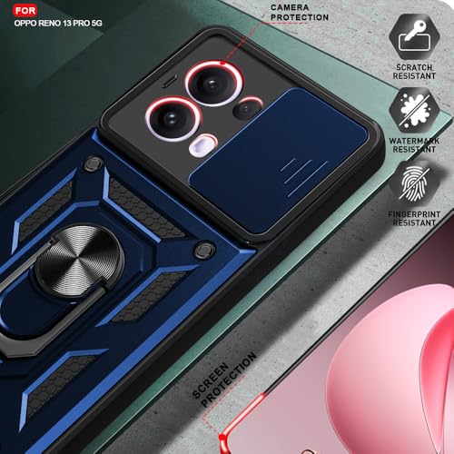Image of AESTMO Tough Armor Oppo Reno13 Pro 5G Bumper Back Case Cover | Ring Holder & Sliding Camera Cover | 360 Degree Protection Back Case Cover for Oppo Reno13 Pro 5G (Blue)