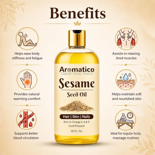 Image of AROMATICO Sesame Oil for Massage - Ayurvedic Warm Massage Oil with Cold Pressed Sesame for Muscle Relaxation & Daily Abhyanga | 300ml
