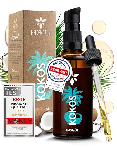 Heldengrün Kokosöl flüssig [100% REIN] Dermatologisch getestet - Kokosnussöl für Haut & Haare - Fraktioniertes Kokosöl für Ätherische Öle - Inklusive Pipette & Pump - Fractionated Coconut Oil
