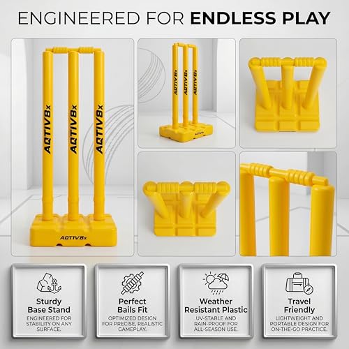Image of Plastic Cricket Wicket Set Full Size with 1 Base, 2 Bails & 3 Wickets (Yellow)