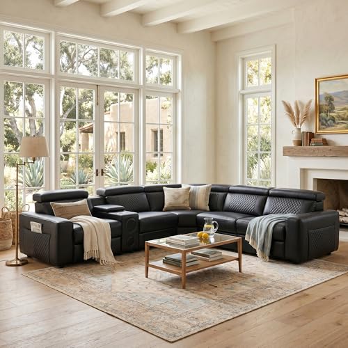 Image of Power Recliner Sectional Sofa, L-Shaped Living Room Furniture Set, Reclining Sectional Couch with Storage Console /Cup Holder for Living Room /House /Apt (Black, 5 Seater)