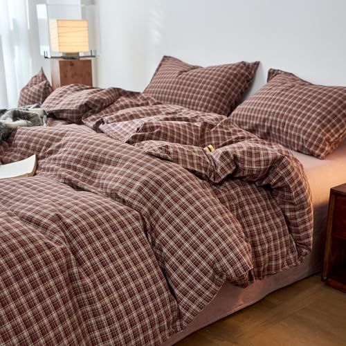 Image of EAVD Vintage Style Burgundy Gingham Duvet Cover Twin 100% Washed Cotton Like Linen Feel Soft Checkered Grid Plaid Bedding Set with 2 Pillowcases Farmhouse Grid Geometric Duvet Cover with Zipper