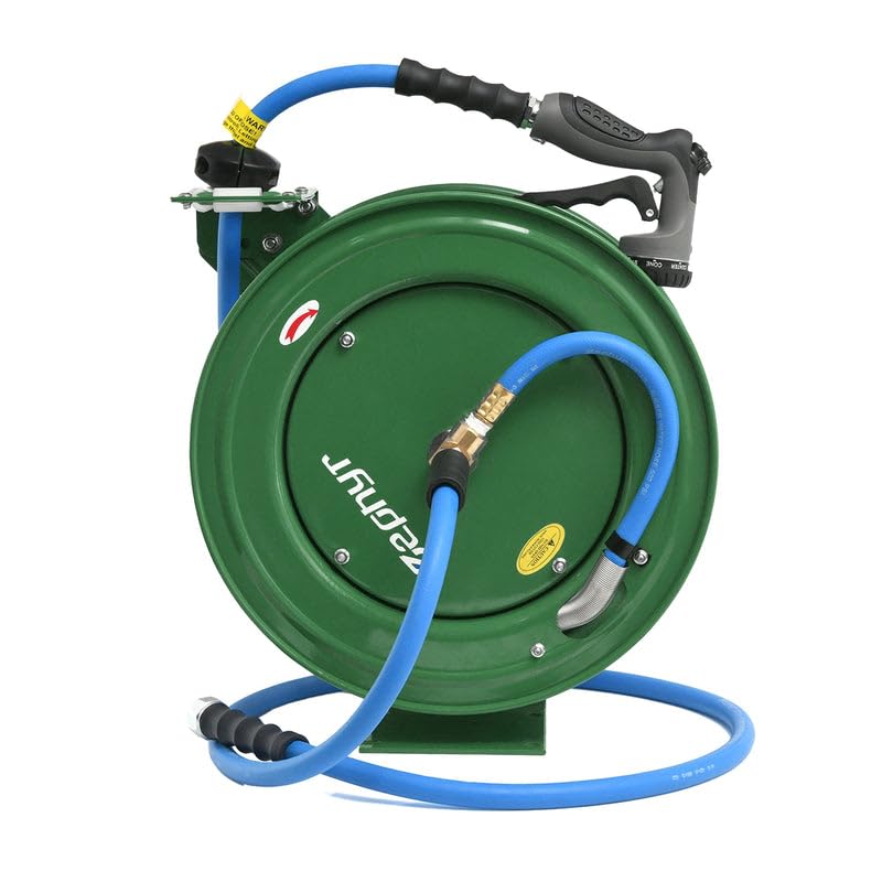 Image of Zephyr Auto-Retractable Garden Hose Reel | Heavy-Duty | Made in India | w / in x 50ft Zephyr Hose and HD Spray Gun - Green