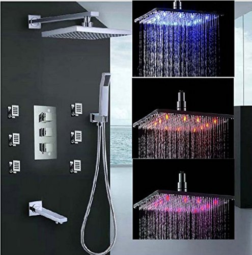 Mitigeur thermostatique douche pluie LED 30,5 cm avec jets massage et pommeau de douche Gowe