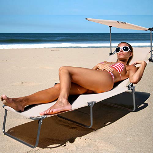 Giantex Tanning Chiar, Patio Chaise Lounge Chair With 5 Adjustable Position, Shade Canopy, Storage Pocket, Camping Cot, Outdoor Sunbathing Recliner For Poolside, Lawn Folding Beach Chairs(1, Beige) #TOP7
