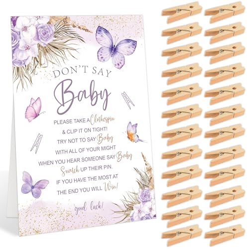 Don't Say Baby Signs for Baby Shower Games, Gender Reveal Games, Newborn Announcement Party, Purple Butterfly Theme for Gender Reveal Decorations, Shower Game Ideas, 1 Sign and 50 Mini Clothespins, 4