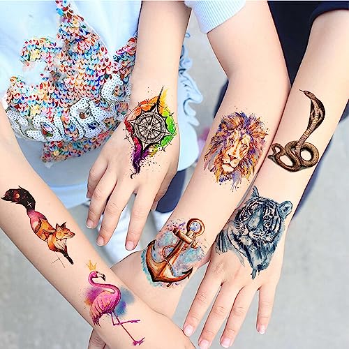 Image of VANTATY 55 Sheets 3D Watercolor Temporary Tattoos For Women Men Adults Kids - Realistic Animal Print, Tribal, Floral, Halloween Designs - Multicolor - Waterproof - Ages 3+