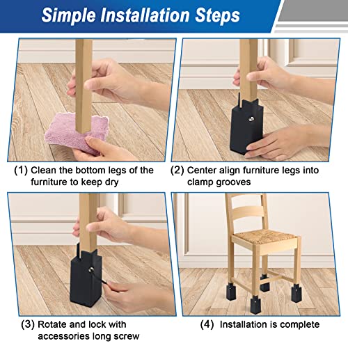 Catcan 4 Pack Adjustable Bed Risers 4 Inch, Furniture Risers With Adjustable Screw Clamp Chair Risers Fit Furniture Leg Diameters 0.8-1.6" Table Leg Extenders, Support Up To 20,000 Lbs (Black) #TOP5