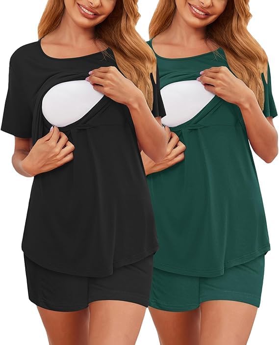 ELESOL 2 Pack Women's Nursing Pajamas Set Double Layer Maternity Pjs Postpartum Loungewear Set Breastfeeding Tops & Shorts