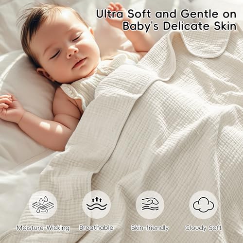 Image of david's kids Baby Muslin Blankets 47 inch X 47 inch, 4-Layer 100% Cotton Muslin Blanket for Summer, Ultra Soft Breathable and Lightweight Receiving Blanket for Boys Girls, Gentle Baby Wrap Swaddle, Oat Milk