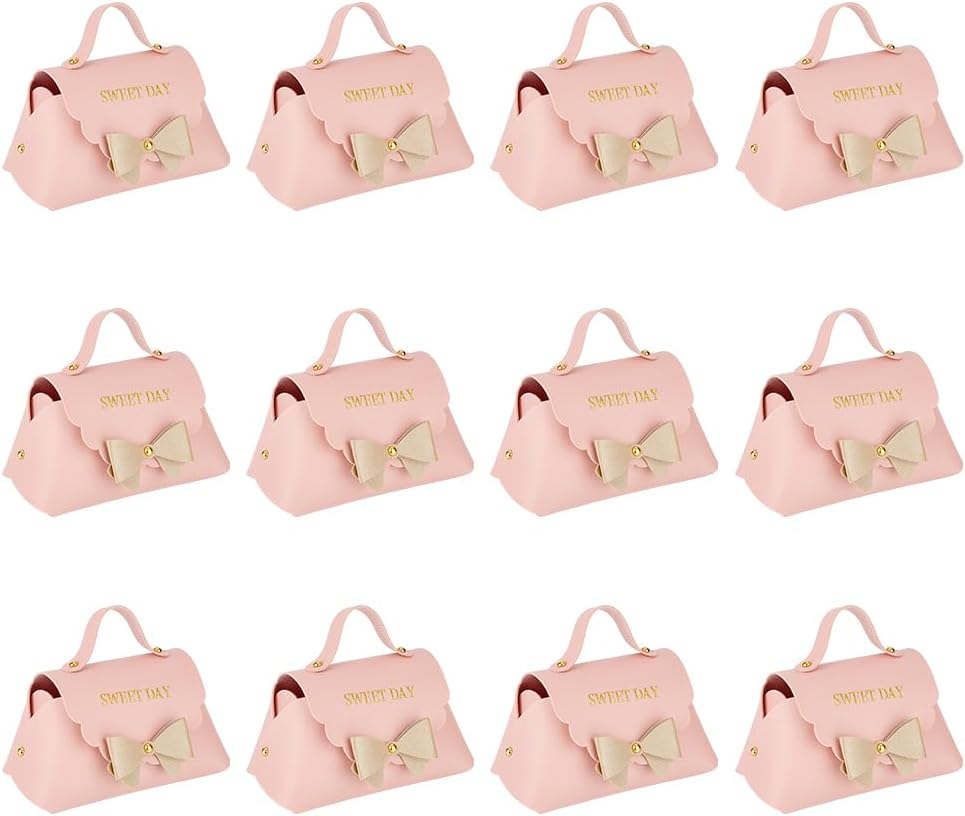 FINGERINSPIRE 12 Pack Leather Bowknot Gift Boxes with Handle 5.1x2.7x3.15 inch Pink PU Leather Mini Handbag Candy Gift Box Reusable Party Favor Candy Boxes for Wedding Birthday Shower Valentines's Day