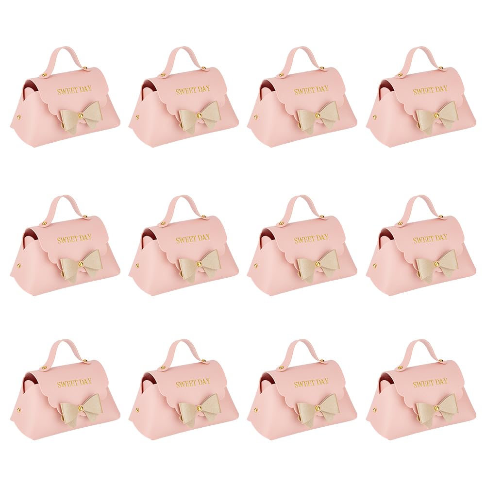 FINGERINSPIRE Confezione da 12 scatole regalo in pelle con fiocco e manico, 13 x 7 x 8 cm, rosa, in pelle sintetica, mini scatola regalo per caramelle, per matrimonio, doccia, San Valentino