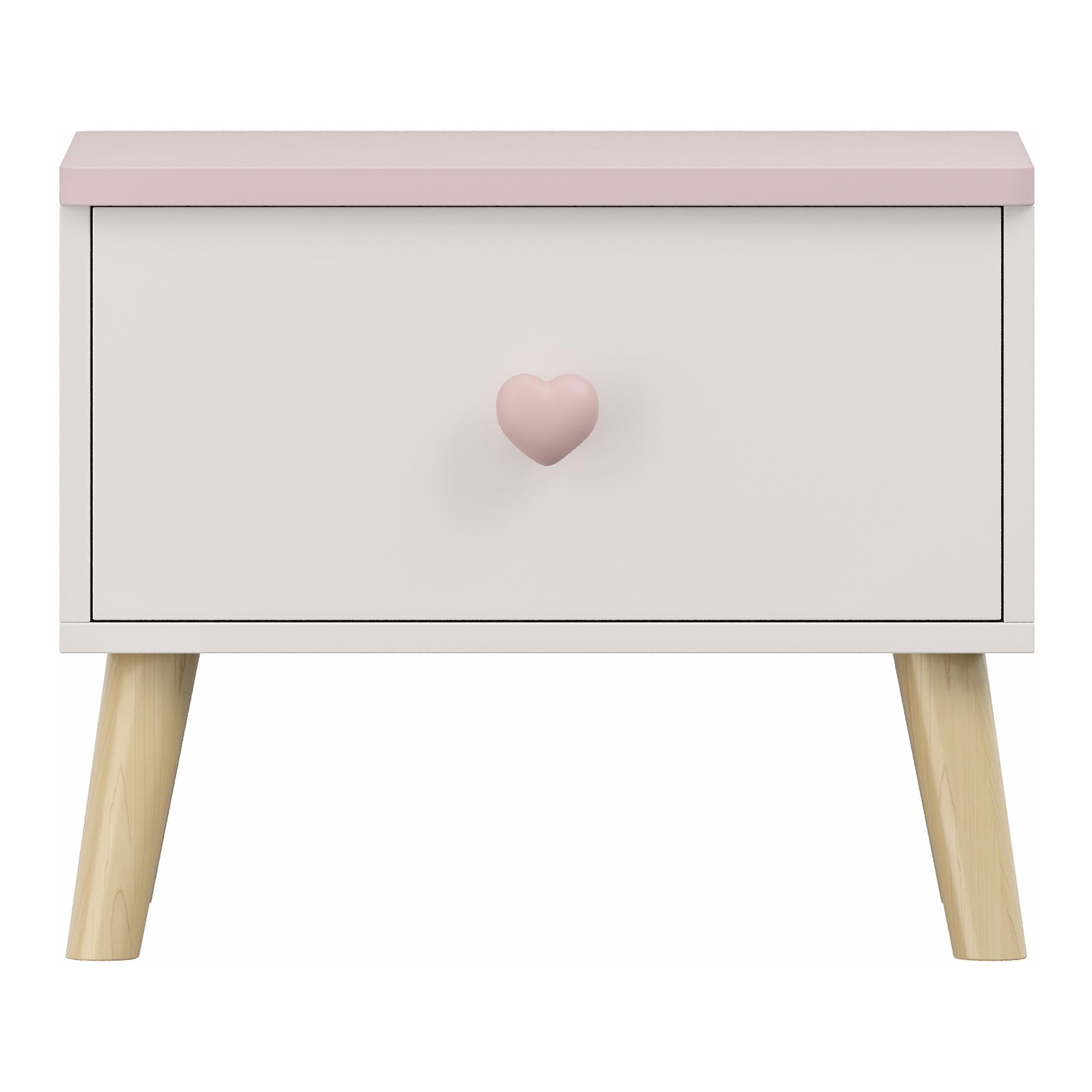[en.casa] Table de Chevet pour Enfant Table d'Appoint Tiroir avec Poignée en Forme de Coeur pour Chambre Panneau de Particules MDF Bois de Pin 31 x 38 x 30 cm Blanc Rose