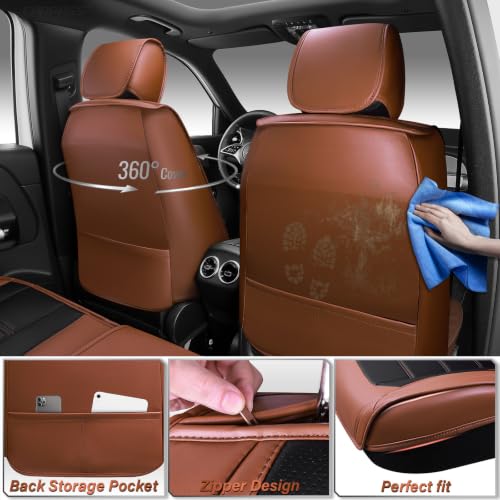 Image of CAR PASS Nappa Leather Car Seat Covers Full Set Faux Leather,Black Brown | Luxury Nappa Leather,360 Full Protection,Water resistant,3D Foam Comfort,Universal Fit for Most Cars SUV Truck,Scratch proof