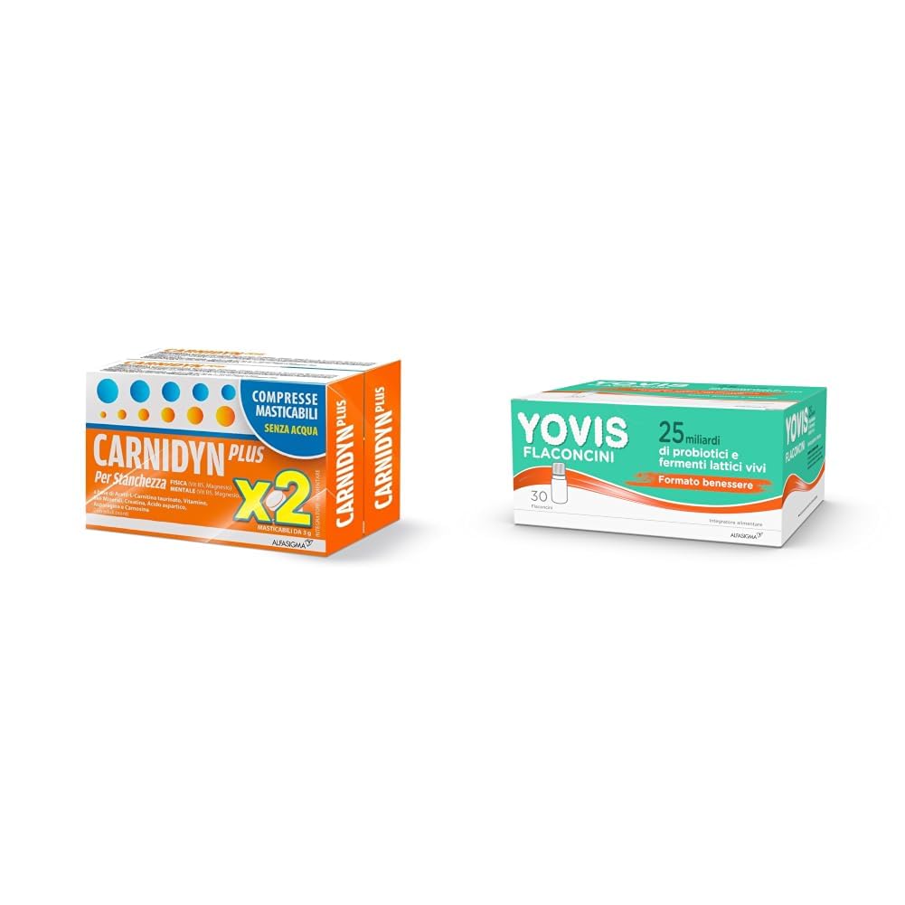 Carnidyn Plus 36 compresse + YOVIS Flaconcini, Probiotici per il Benessere Intestinale, 25 Miliardi di Fermenti Lattici Vivi, Senza Glutine e Lattosio, 30 Flaconcini da 10ml
