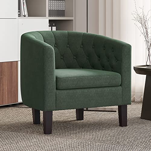 Image of BELLEZE Green Accent Chairs for Living Room, Set of 2 Elegant Arm Chairs, Upholstered Tufted Barrel Chairs Club Chairs for Bedroom with Sturdy Legs and Linen Fabric - Berlinda (Green)